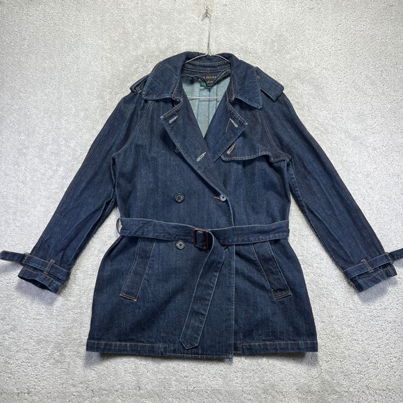 Lauren Jeans Co Ralph Lauren Trench Coat Womens Large Dark Wash Denim Belted - Picture 2 of 14